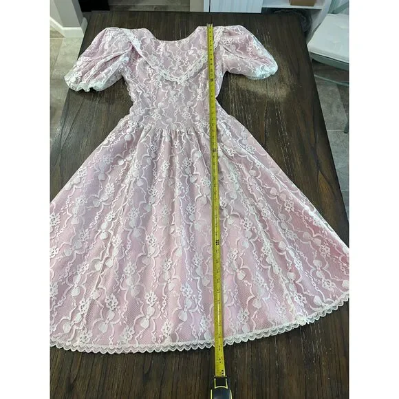 Vintage Gunne Sax Pink Lace & Satin Prairie Dress | Puff Sleeves - Picture 11 of 13